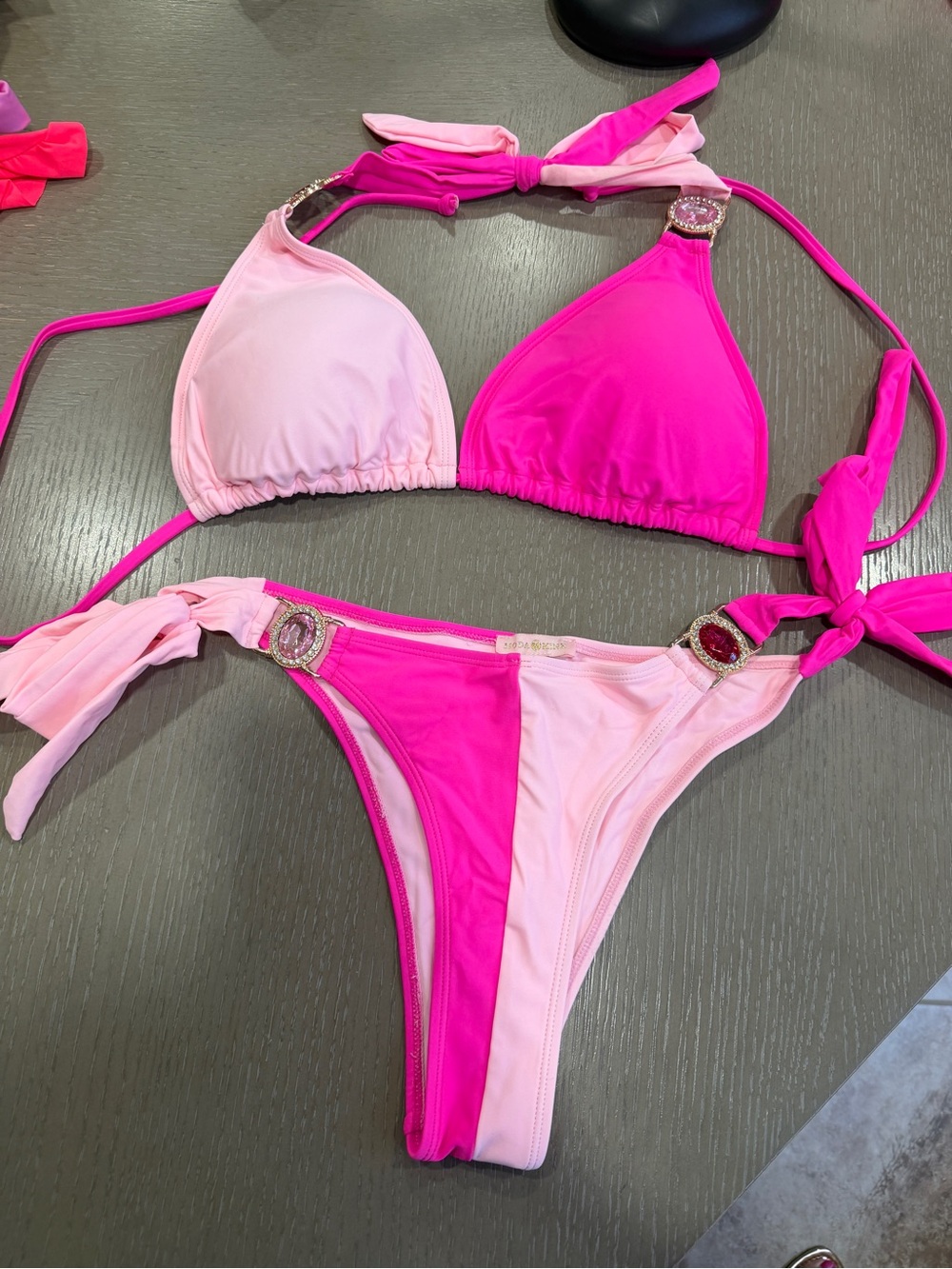 Moda Minx Pink Colorblock Rhinestone Bikini Set | XL Top / M Bottom